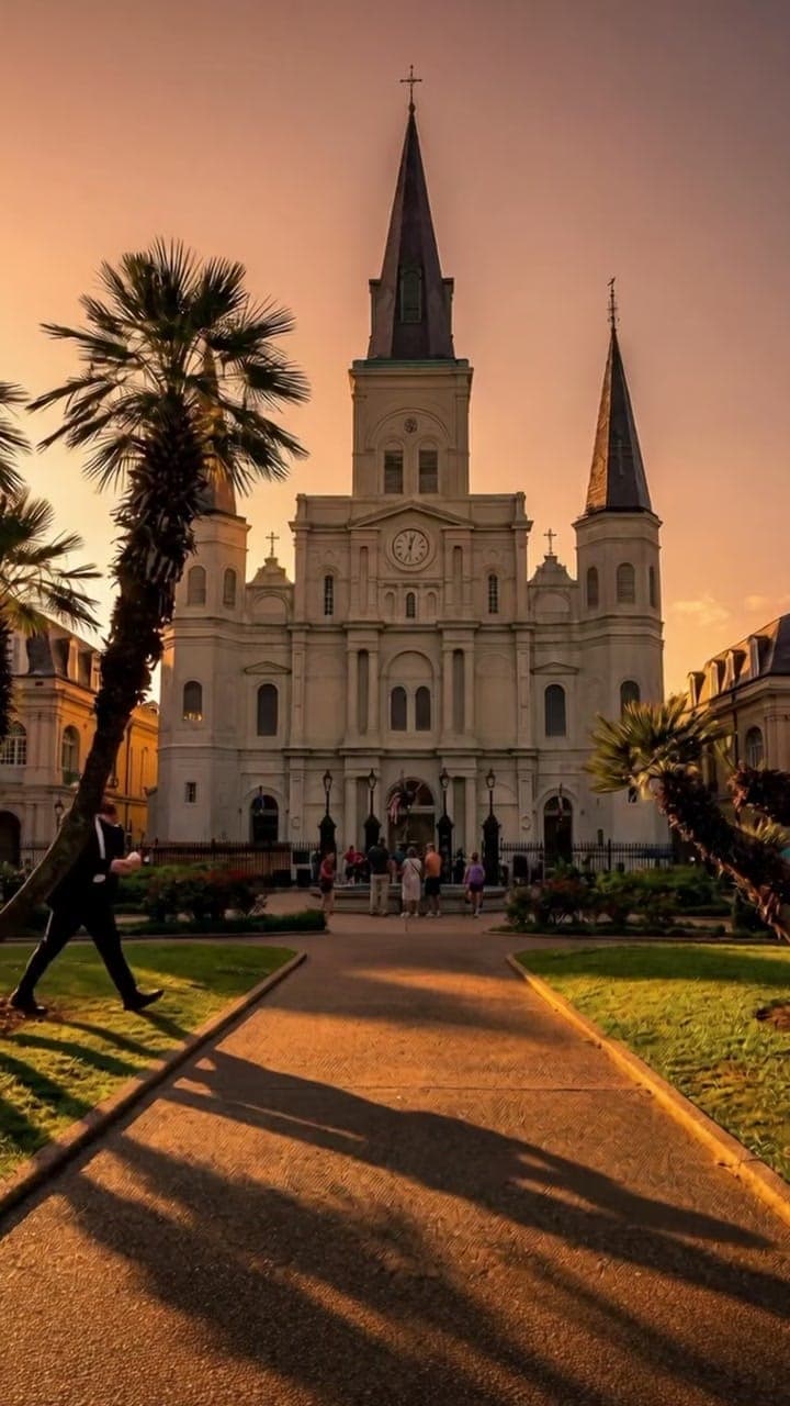 The three spires of St. Louis Cathedral above Jackson Square at dusk.